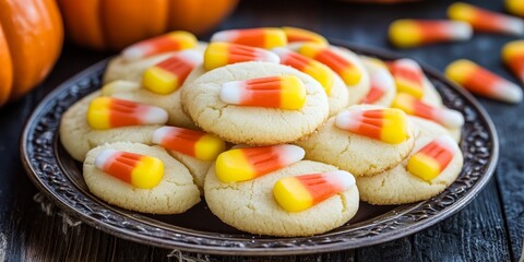 Poster - Candy Corn Sugar Cookies Delightful sugar cookies adorned with colorful candy corn, perfect for celebrating Halloween and Thanksgiving festivities with candy corn sweetness.