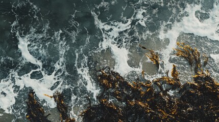 Poster - Ocean coast with dry seaweed, showcasing the natural beauty of coastal landscapes. This image captures the essence of the ocean coast along with the intricate details of dry seaweed.