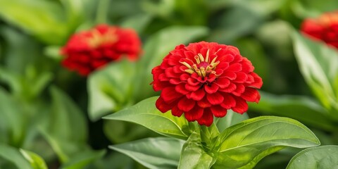 Poster - Blooming red terry zinnia stands out beautifully against a backdrop of lush green leaves, showcasing the vibrant colors of the blooming red terry zinnia in a serene garden setting.
