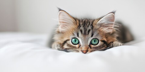 Poster - Charming cute cat with striking green eyes rests on a white surface. This cute kitten embodies the essence of the adorable pets shop theme, perfect for showcasing cute cat imagery.