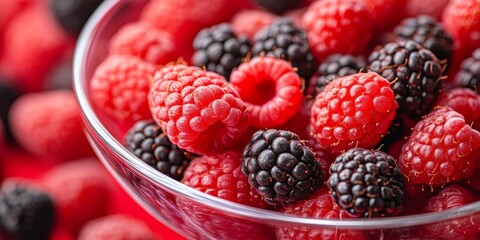 Poster - Close up view of a glass bowl filled with vibrant red and black raspberries, showcasing the rich colors and textures of these delicious raspberries against a striking red background.