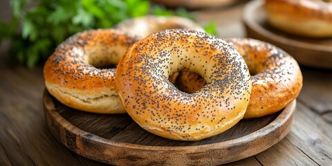 Aufkleber - Fresh homemade bagels with poppy seeds ideal for breakfast, beautifully arranged on a wooden table. Enjoy the appeal of these homemade bagels featuring poppy seeds in every bite.