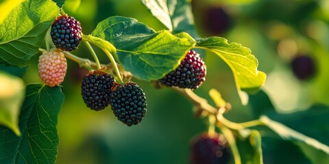 Poster - Mulberry fruit and leaves on a tree, showcasing the beauty of mulberry in nature. This image highlights the vibrant mulberry leaves alongside the ripe mulberry fruit.