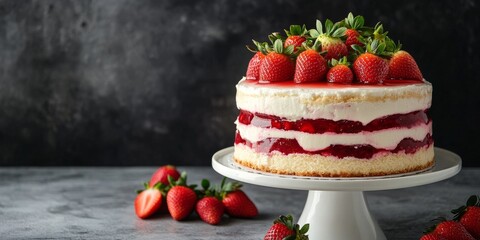 Poster - Delicious three layered cake featuring creamy vanilla pudding, vibrant strawberry jelly, and fresh strawberries displayed elegantly on a white cake stand, perfect for any occasion.