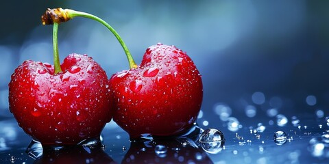 Aufkleber - Fresh cherry adorned with glistening dewdrops on its surface, showcasing the beauty of cherry and the refreshing presence of cool dew water in nature. Perfectly captures the essence of cherry.