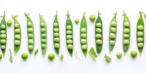 Poster - Fresh peas arranged on a white background showcase the vibrant and tasty nature of peas, emphasizing their delightful appearance and the appeal of fresh peas in culinary dishes.