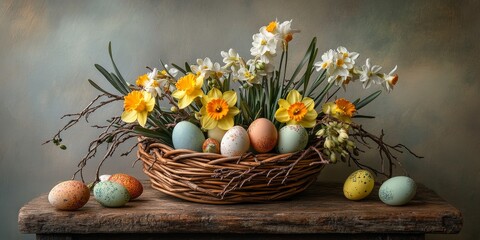 Poster - Colorful Easter basket filled with Easter eggs, delicate narcissus flowers, and soft catkins, beautifully arranged on a rustic, weathered wooden board for a festive spring display.