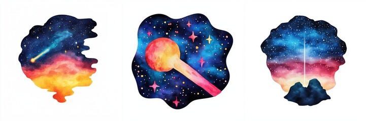 Wall Mural - laser beams interaction concept. Colorful cosmic illustrations featuring a comet, a planet, and a starry night sky, evoking a sense of wonder and imagination.
