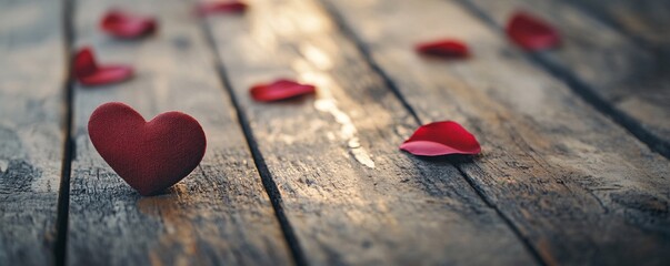 Poster - Red heart and petals resting on rustic wooden planks