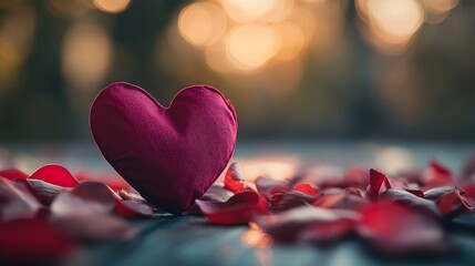 Poster - Red heart and rose petals symbolizing love and romance at sunset