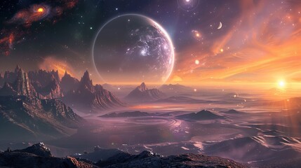 Wall Mural - Futuristic digital illustrations of science fiction concepts featuring outer space scenes with planets, stars, and advanced spacecraft designs