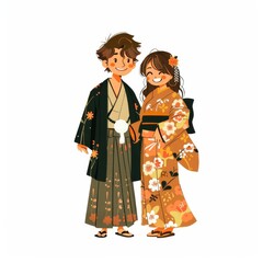 A couple in traditional Japanese clothing, a man in a black haori and a woman in a colorful kimono, smiling and standing together.