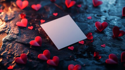 Poster - A collection of small red heart decorations surrounds a blank card resting on a dark textured surface, creating a romantic atmosphere ideal for love notes or heartfelt messages.