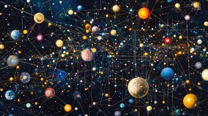 Wall Mural - abstract cosmic network of planets and stars interconnected by lines.