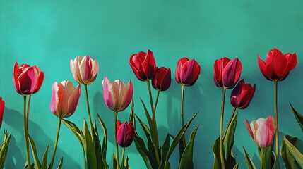 Poster - An artistic composition of vivid tulips against a vibrant turquoise background, close-up shot, Contemporary style