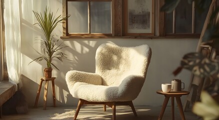 A modern living room features a comfortable soft, fluffy wooden chair and a wooden coffee table next to it. The soft sunlight falls on the chair, creating a cozy and warm atmosphere.