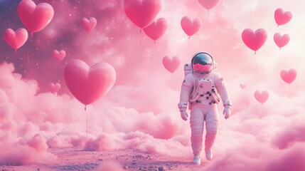 Poster - An astronaut explores a whimsical environment where pink clouds and floating hearts surround them. The surreal setting evokes a sense of wonder and romance, creating a magical atmosphere.