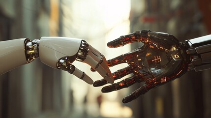 Poster - Two robot hands touching each other in futuristic city