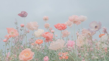 Wall Mural - Pastel poppies and wildflowers in a dreamy field.