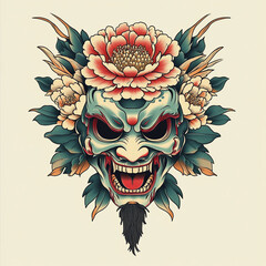 Wall Mural - Momotar Mask tattoo flash illustration