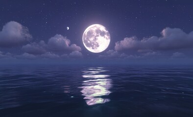 full moon over calm ocean at night, reflecting moonlight on water surface with clouds and stars.