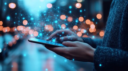 Aufkleber - Close up of hands using tablet and smartphone with creative glowing blue IOT and map hologram on blurry background. Internet of things concept. Double exposure