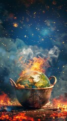 Wall Mural - A fiery globe in an old pot on a dark night, creating an apocalyptic scene with flames and sparks.