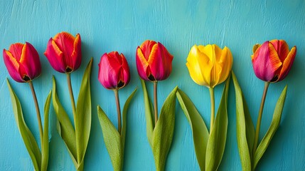 Poster - An artistic composition of vivid tulips against a vibrant turquoise background, close-up shot, Contemporary style
