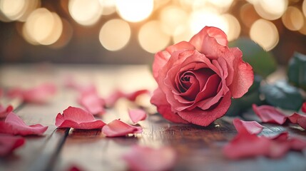 Poster - Romantic pink rose with petals lying on wooden table