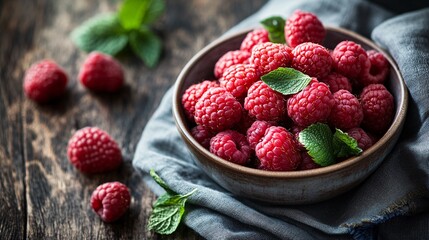 Poster - Fresh raspberries and mint leaves resting in a bowl on rustic wooden table