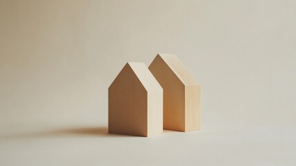 Aufkleber - Two wooden house-shaped blocks on a neutral background, symbolizing home and architecture.