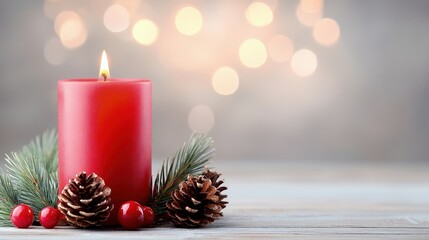 Wall Mural - Red candle with pine cones and berries on wooden surface, bokeh background.