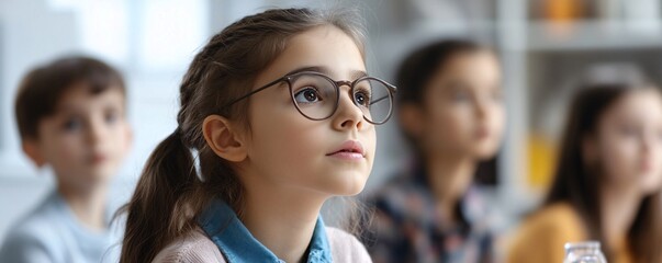 Poster - Curious elementary school girl listening attentively during class lesson