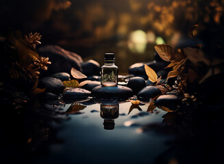 Poster - A small glass bottle rests on smooth, dark stones in a tranquil stream, surrounded by autumn leaves.  The scene is dimly lit, creating a mystical, serene atmosphere.