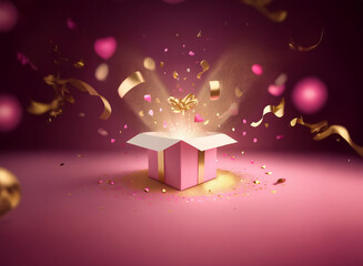 Aufkleber - A pink gift box magically opens, releasing golden confetti, ribbons, and radiant light.  A celebratory, enchanting scene.
