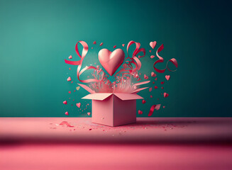 Poster - A pink gift box bursts open, revealing a large pink heart and swirling ribbons against a teal background.  Pink confetti and smaller hearts add to the magical, celebratory effect.
