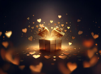 Aufkleber - A golden gift box magically opens, releasing a radiant glow and a flurry of golden hearts.  A romantic, celebratory scene filled with wonder.