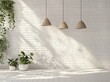 © Nurul - Minimalist white brick wall interior with hanging lights and potted plants.
