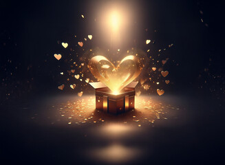 Aufkleber - An open gift box radiates golden light, emanating a glowing heart shape. Small golden hearts float around it, creating a magical, romantic ambiance.