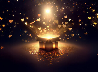 Aufkleber - A golden gift box radiates light, emanating golden hearts and sparkles against a dark background.  Magic and wonder fill the air.