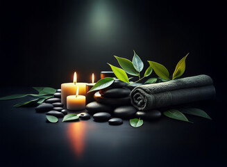 Poster - Serene spa setting:  smooth, dark stones, lit candles, rolled towel, and vibrant green leaves create a tranquil atmosphere.  Perfect for relaxation and wellness.