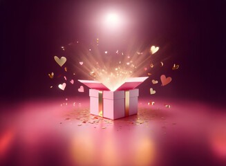 Aufkleber - An open gift box radiates golden light, with pink hearts and sparkles bursting forth.  A magical, romantic surprise.