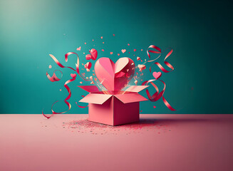 Poster - A pink gift box explodes with pink hearts and confetti, ribbons swirling around, against a teal backdrop.  A magical, romantic scene.