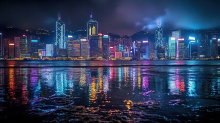 Aufkleber - Vibrant city skyline at night reflecting on water, showcasing urban beauty and energy.