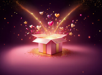 Poster - A pink gift box bursts open, releasing colorful hearts and sparkling confetti in a magical explosion of light and joy.  Perfect for celebratory occasions.