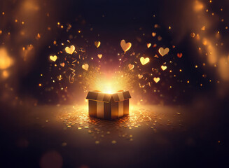 Poster - A golden gift box bursts open, releasing a radiant light and golden hearts, creating a magical, celebratory atmosphere.  Surrounding sparkles add to the enchanting scene.
