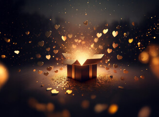 Aufkleber - A dark brown gift box sits open, emitting a golden light.  Gold heart shapes float around it, creating a magical, romantic atmosphere.  Glitter adds to the enchanting scene.