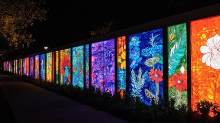 Aufkleber - Vibrant illuminated floral panels display colorful botanical art in a nighttime setting.