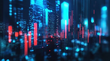 Poster - Creative business chart hologram on blurry blue city background. Innovation, finance, trade, future, ai and technology concept. Double exposure