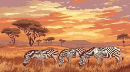 Poster - Zebras grazing under a vibrant sunset in a savanna landscape.